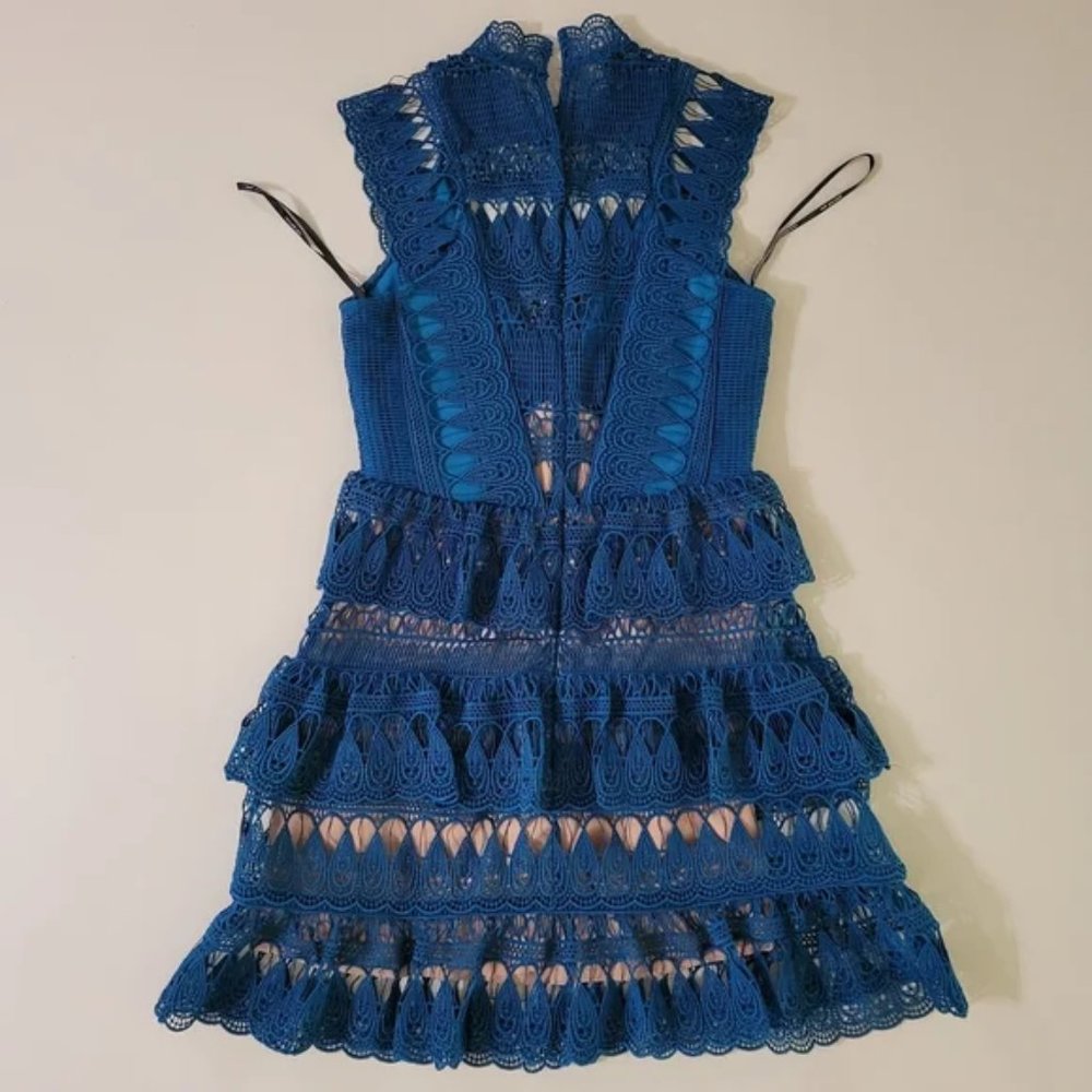 Self-Portrait Tiered Lace Mini-Dress in Teal - Picture 9 of 12
